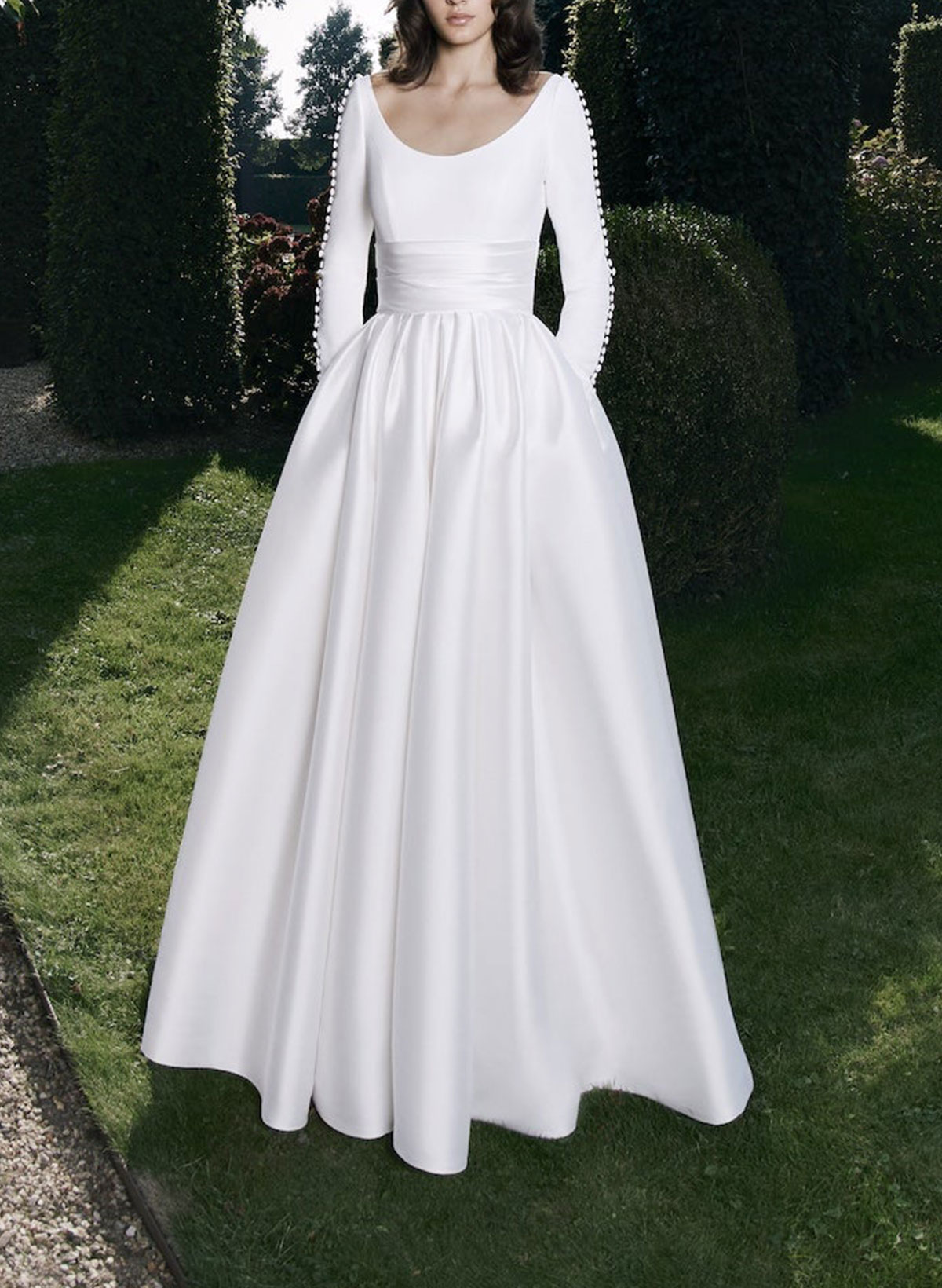 A-Line Scoop Neck Long Sleeves Court Train Satin/Elastic Satin Wedding Dresses With Pleated