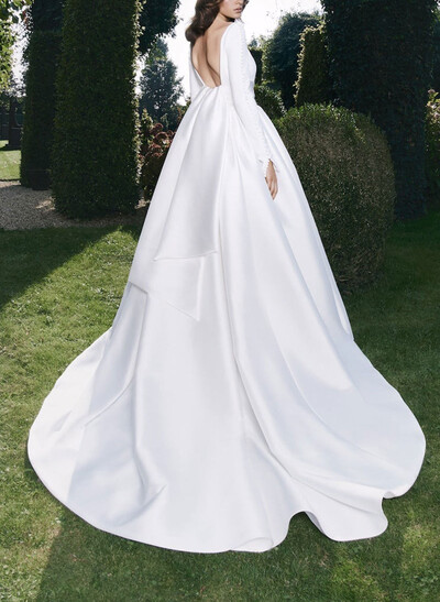 A-Line Scoop Neck Long Sleeves Court Train Satin/Elastic Satin Wedding Dresses With Pleated