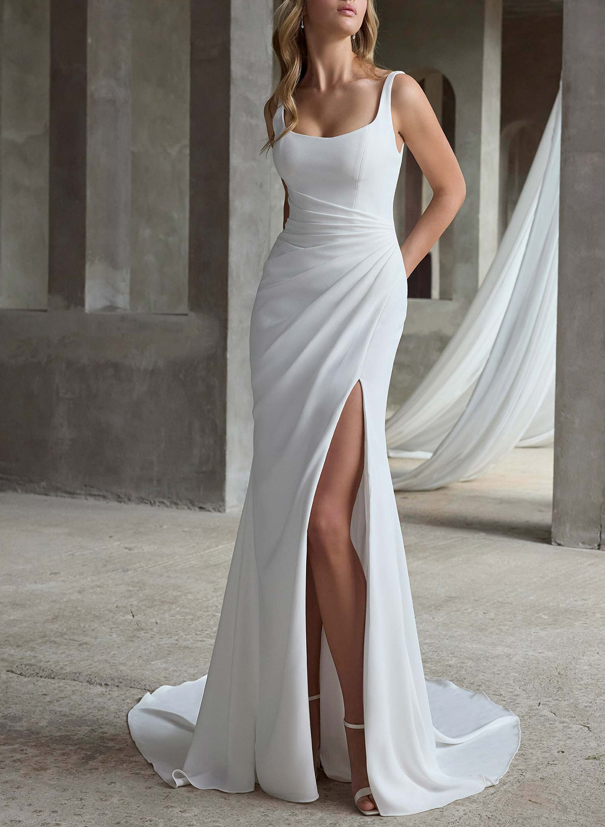 A-Line Scoop Neck Sleeveless Sweep Train Elastic Satin Wedding Dresses With High Split