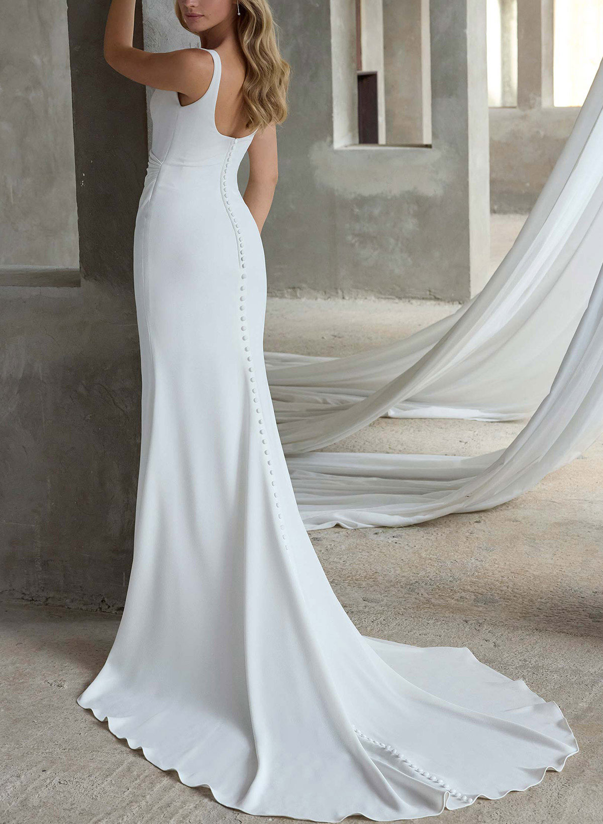 A-Line Scoop Neck Sleeveless Sweep Train Elastic Satin Wedding Dresses With High Split