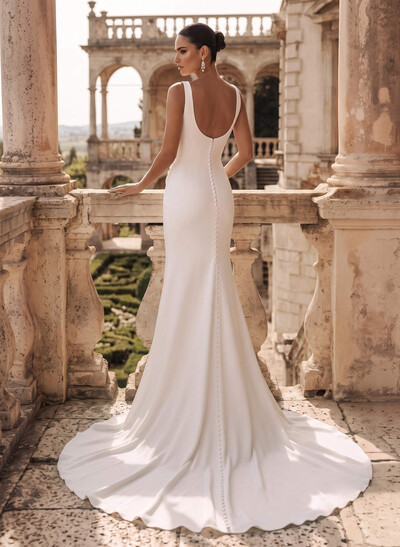A-Line Scoop Neck Sleeveless Sweep Train Elastic Satin Wedding Dresses With High Split