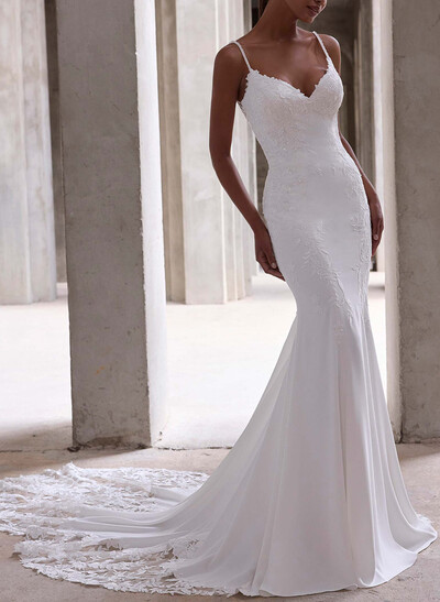 Trumpet/Mermaid V-Neck Sleeveless Court Train Elastic Satin Wedding Dresses With Appliques Lace
