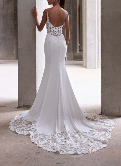 Trumpet/Mermaid V-Neck Sleeveless Court Train Elastic Satin Wedding Dresses With Appliques Lace
