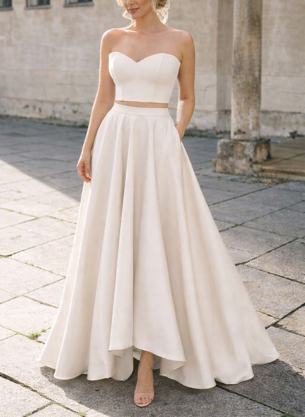 Two Pieces A-Line Sweetheart Sleeveless Floor-Length Satin Wedding Dresses