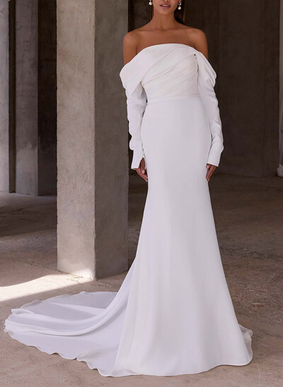 Trumpet/Mermaid Off-The-Shoulder Long Sleeves/Detachable Sleeves Sweep Train Elastic Satin Wedding Dresses