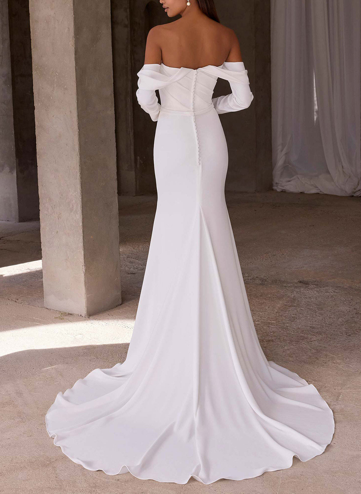 Trumpet/Mermaid Off-The-Shoulder Long Sleeves/Detachable Sleeves Sweep Train Elastic Satin Wedding Dresses