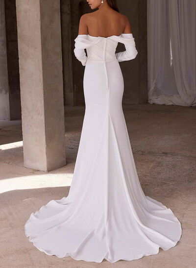 Trumpet/Mermaid Off-The-Shoulder Long Sleeves/Detachable Sleeves Sweep Train Elastic Satin Wedding Dresses