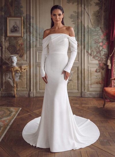 Mermaid/Trumpet Off-The-Shoulder Stretch Satin Bridal Gown With Detachable Long Sleeves And Sweep Train