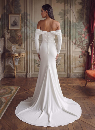 Mermaid/Trumpet Off-The-Shoulder Stretch Satin Bridal Gown With Detachable Long Sleeves And Sweep Train