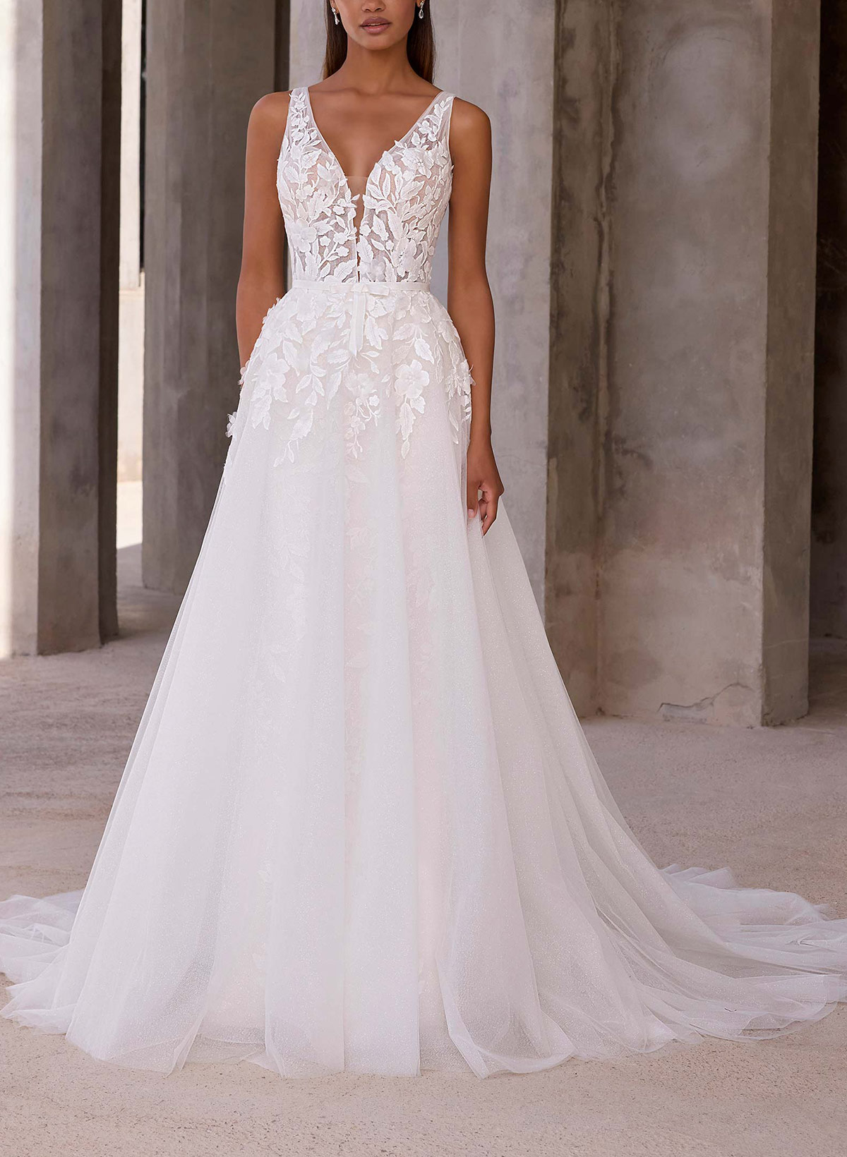 A-Line Plunge Neck Sleeveless Court Train Chiffon/Tulle Wedding Dresses With Appliques Lace