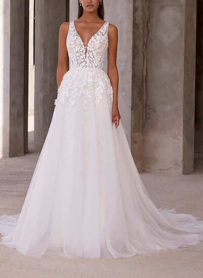 A-Line Plunge Neck Sleeveless Court Train Chiffon/Tulle Wedding Dresses With Appliques Lace