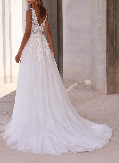 A-Line Plunge Neck Sleeveless Court Train Chiffon/Tulle Wedding Dresses With Appliques Lace