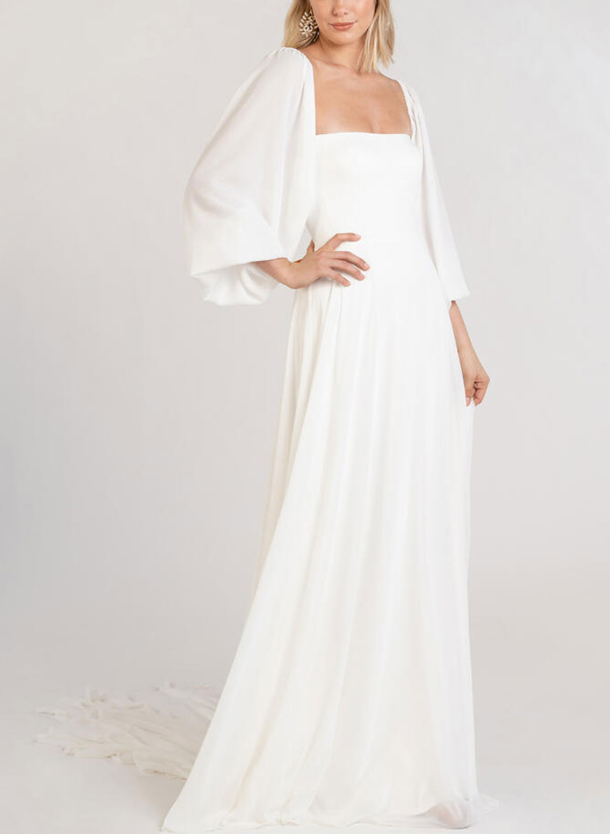 A-Line Square Neckline Long Sleeves Court Train Chiffon Wedding Dresses