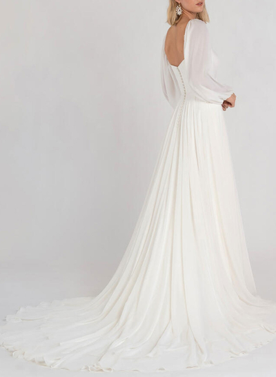 A-Line Square Neckline Long Sleeves Court Train Chiffon Wedding Dresses