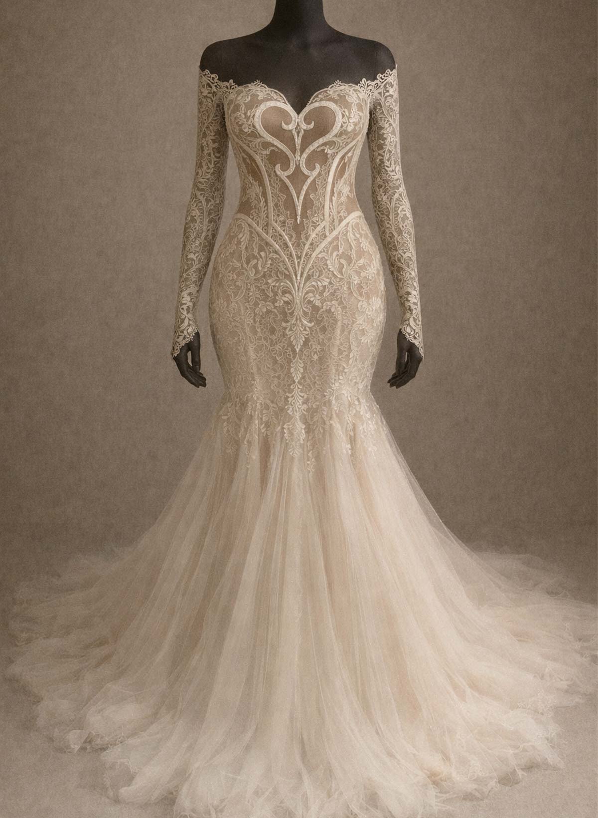 Trumpet/Mermaid Off-The-Shoulder Long Sleeves Court Train Lace/Tulle Wedding Dresses