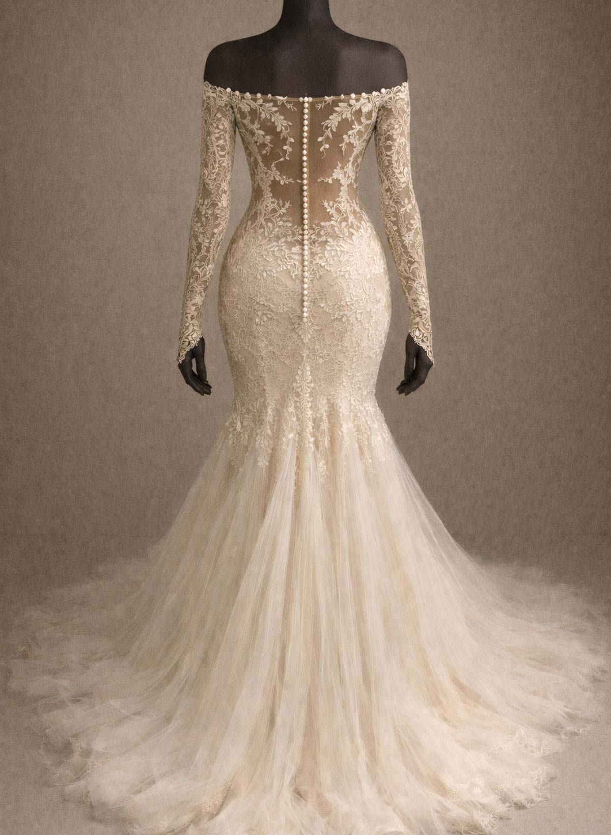 Trumpet/Mermaid Off-The-Shoulder Long Sleeves Court Train Lace/Tulle Wedding Dresses