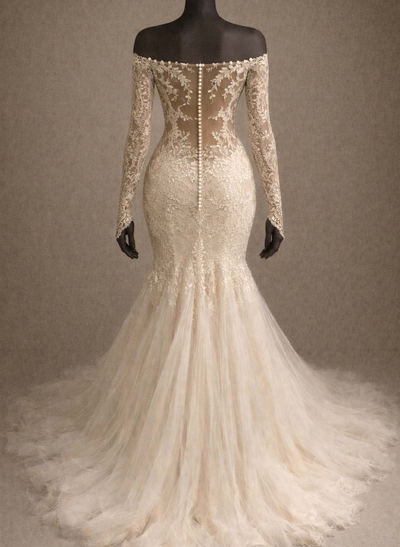 Trumpet/Mermaid Off-The-Shoulder Long Sleeves Court Train Lace/Tulle Wedding Dresses