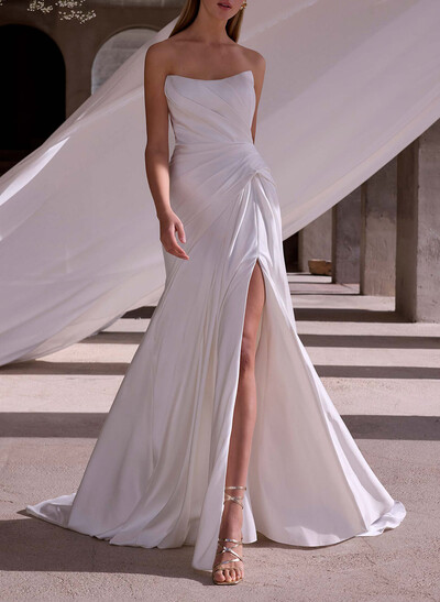 Trumpet/Mermaid Strapless Sleeveless Court Train Matte Satin Wedding Dresses With High Split