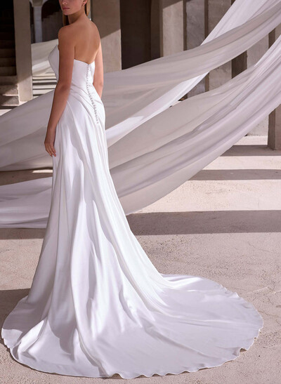 Trumpet/Mermaid Strapless Sleeveless Court Train Matte Satin Wedding Dresses With High Split