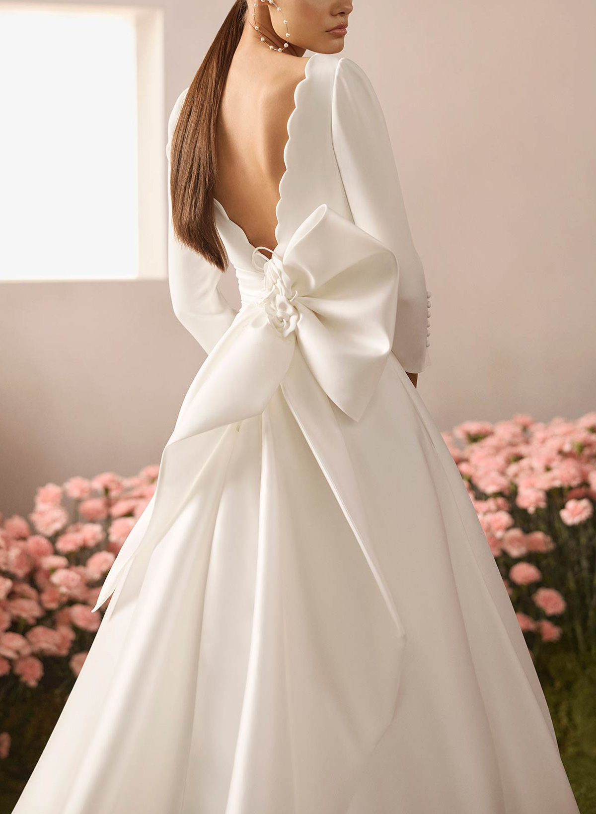 Ball-Gown Scoop Neck 3/4 Sleeves Court Train Twill Satin Wedding Dresses With High Split