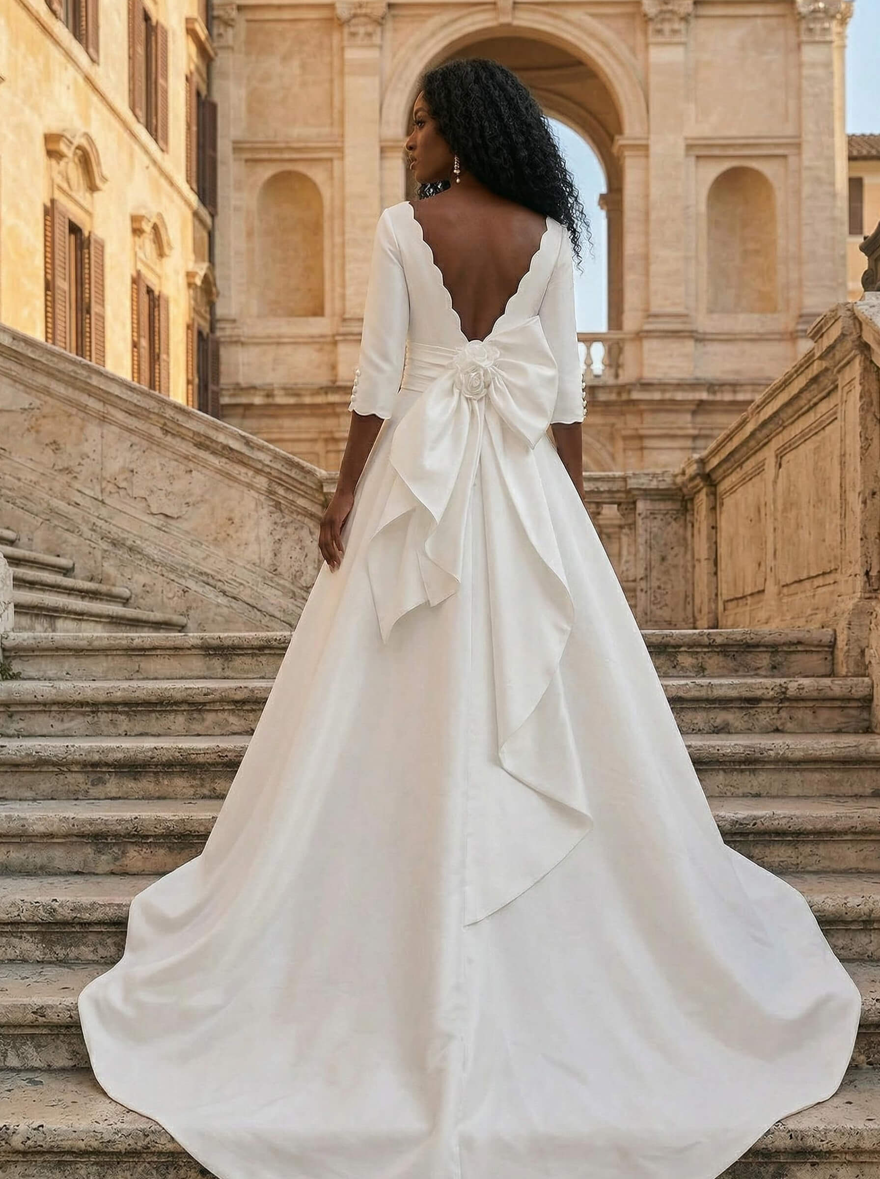 Ball-Gown Scoop Neck 3/4 Sleeves Court Train Twill Satin Wedding Dresses With High Split Ball-Gown Scoop Neck 3/4 Sleeves Court Train Twill Satin Wedding Dresses With High Split