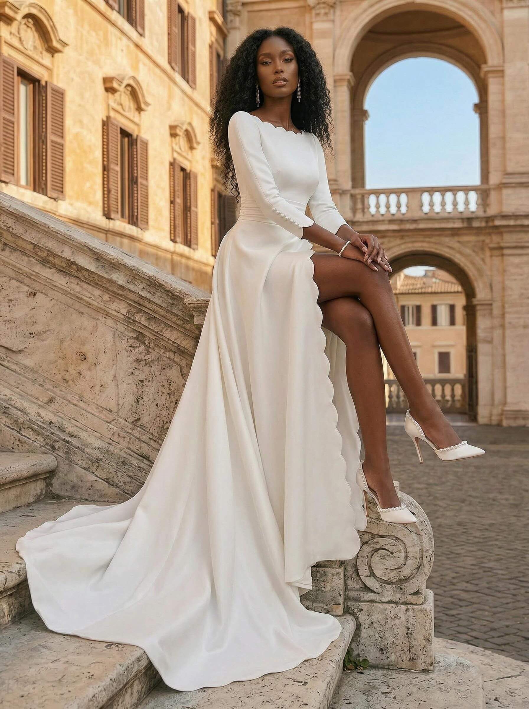 Ball-Gown Scoop Neck 3/4 Sleeves Court Train Twill Satin Wedding Dresses With High Split Ball-Gown Scoop Neck 3/4 Sleeves Court Train Twill Satin Wedding Dresses With High Split
