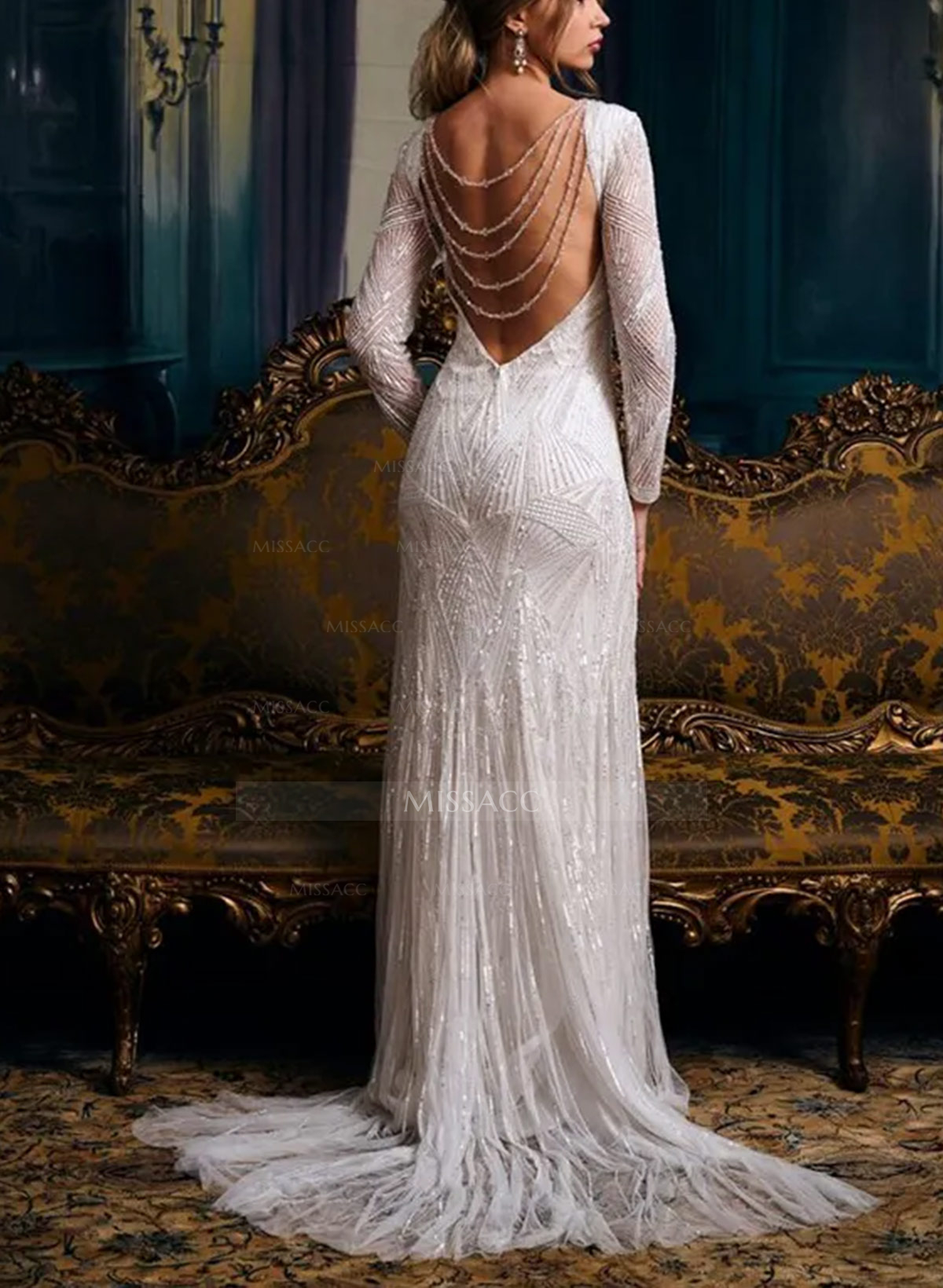 Sheath/Column Plunge Neck Long Sleeves Chapel Train Lace/Tulle Wedding Dresses