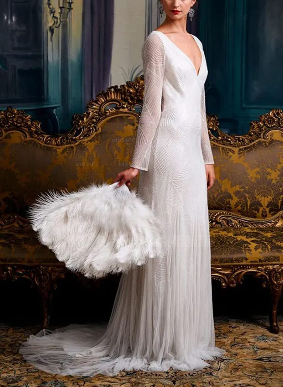 Sheath/Column Plunge Neck Long Sleeves Chapel Train Lace/Tulle Wedding Dresses