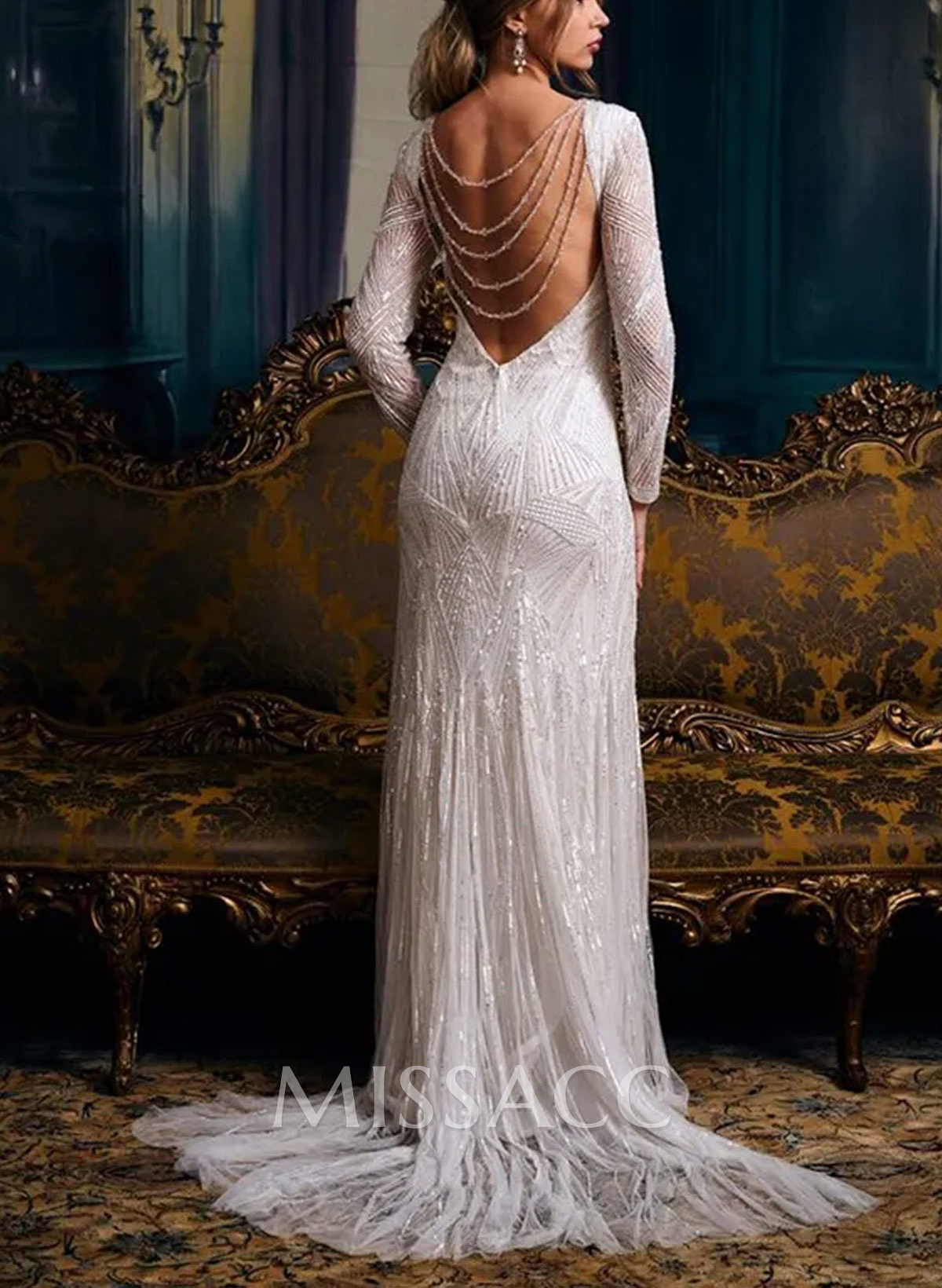 Sheath/Column Plunge Neck Long Sleeves Chapel Train Lace/Tulle Wedding Dresses