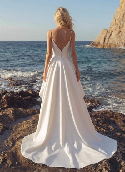 A-Line Sweetheart Sleeveless Asymmetrical Satin Wedding Dresses