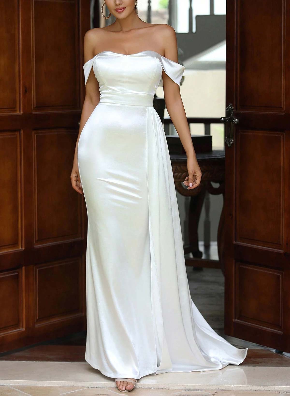 Sheath/Column Off-The-Shoulder Floor-Length Crepe Satin Wedding Dresses With Sweeping Side Drape