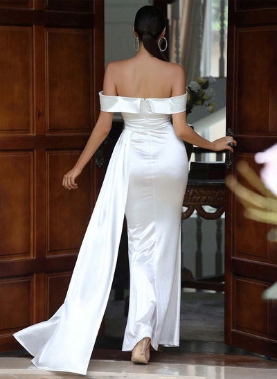 Sheath/Column Off-The-Shoulder Floor-Length Crepe Satin Wedding Dresses With Sweeping Side Drape