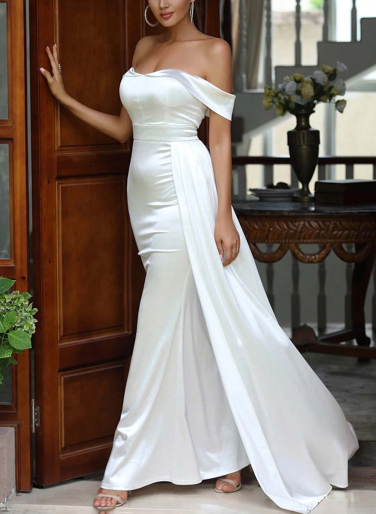 Sheath/Column Off-The-Shoulder Floor-Length Crepe Satin Wedding Dresses With Sweeping Side Drape