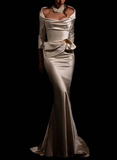 Trumpet/Mermaid Halter 3/4 Sleeves Sweep Train Matte Satin Wedding Dresses