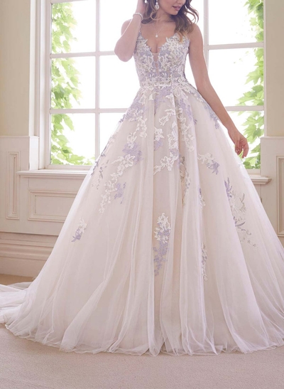 Ball-Gown V-Neck Court Train Satin/Tulle Wedding Dresses With Appliques Lace