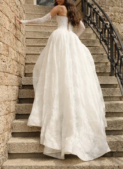 A-Line Sweetheart Detachable Sleeves Court Train Lace/Satin Wedding Dresses