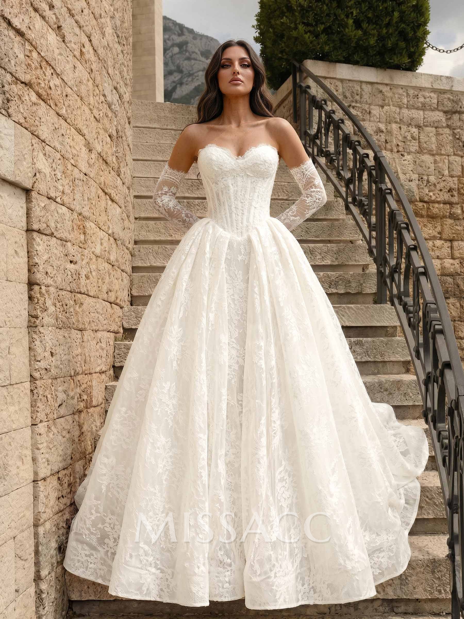 A-Line Sweetheart Detachable Sleeves Court Train Lace/Satin Wedding Dresses A-Line Sweetheart Detachable Sleeves Court Train Lace/Satin Wedding Dresses