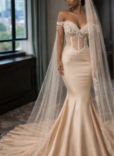 Trumpet/Mermaid Off-The-Shoulder Chapel Train Matte Satin Wedding Dresses With Beading