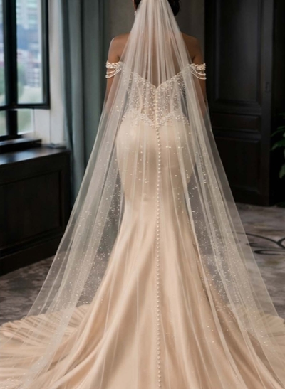 Trumpet/Mermaid Off-The-Shoulder Chapel Train Matte Satin Wedding Dresses With Beading