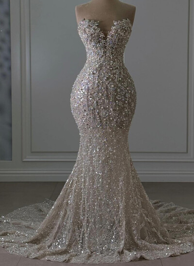 Trumpet/Mermaid Sweetheart Sleeveless Court Train Wedding Dresses With Lace