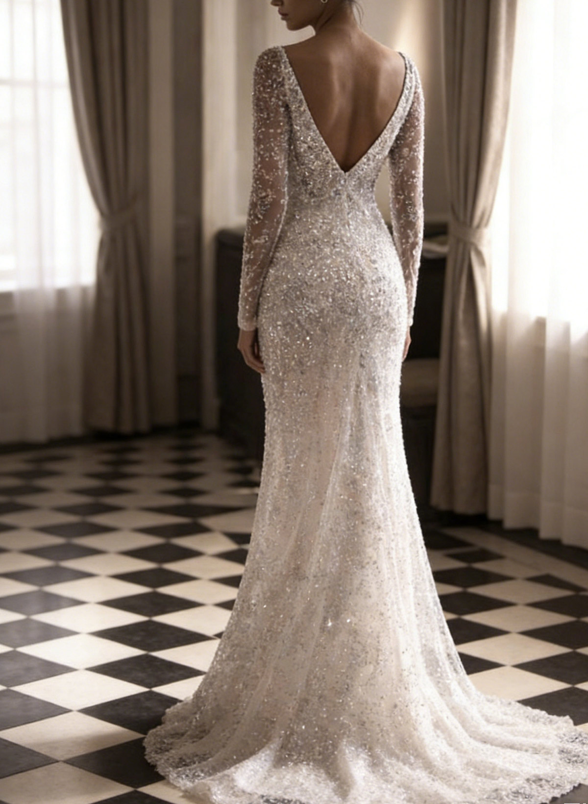 Trumpet/Mermaid Cowl Neck Long Sleeves Sweep Train Wedding Dresses With Split Front