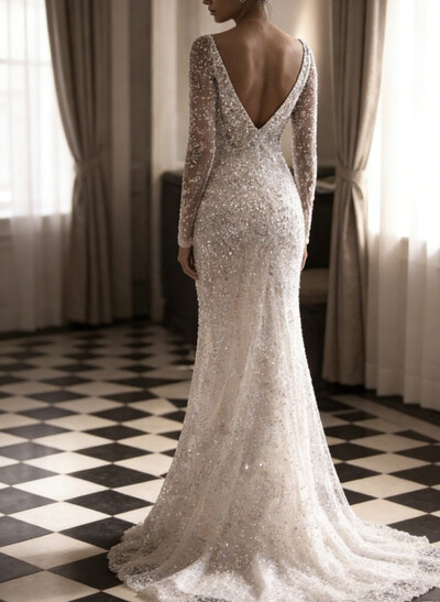 Trumpet/Mermaid Cowl Neck Long Sleeves Sweep Train Wedding Dresses With Split Front