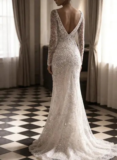 Trumpet/Mermaid Cowl Neck Long Sleeves Sweep Train Wedding Dresses With Split Front