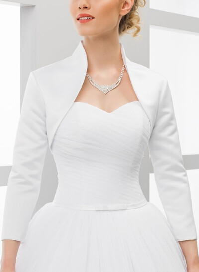 Elegant White Satin Jacket Long Sleeves Stand Collar Bridal Shrug Formal Evening Shawl Cape