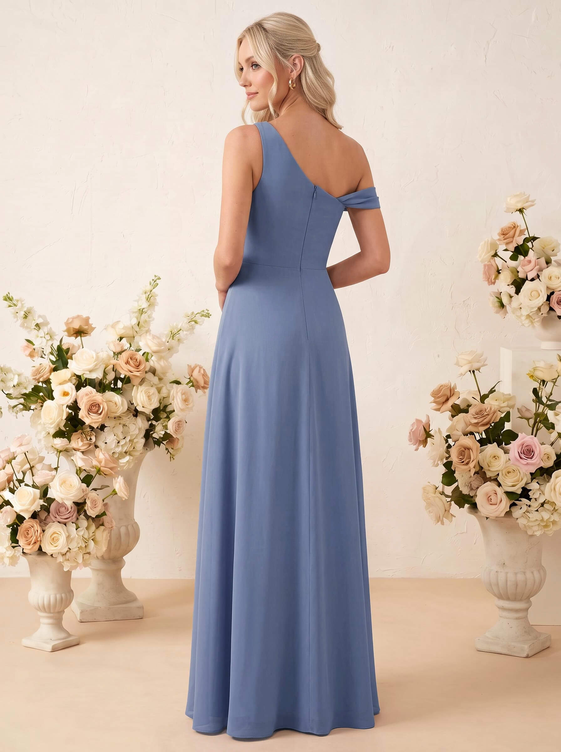 A-Line Asymmetric Sleeveless Floor-Length Chiffon Bridesmaid Dresses With Frill
