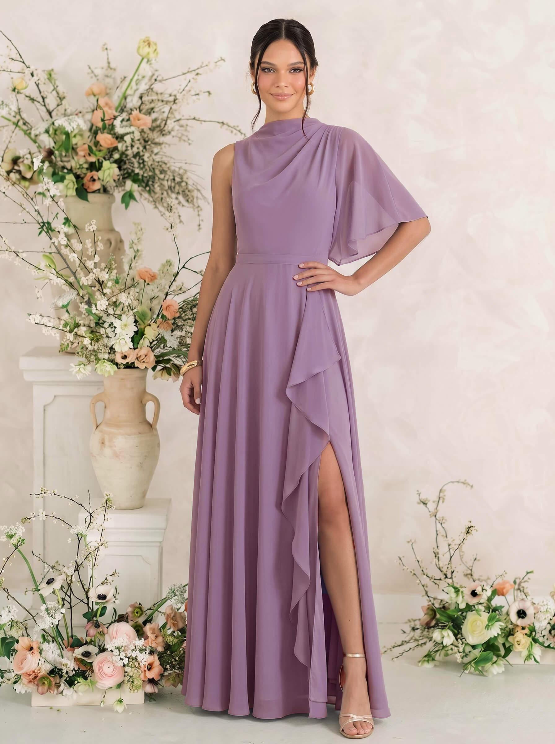 A-Line One-Shoulder Cape Sleeves Floor-Length Chiffon Bridesmaid Dresses With Frill