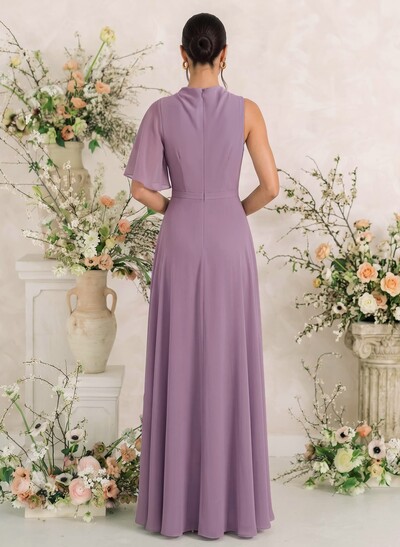 A-Line One-Shoulder Cape Sleeves Floor-Length Chiffon Bridesmaid Dresses With Frill