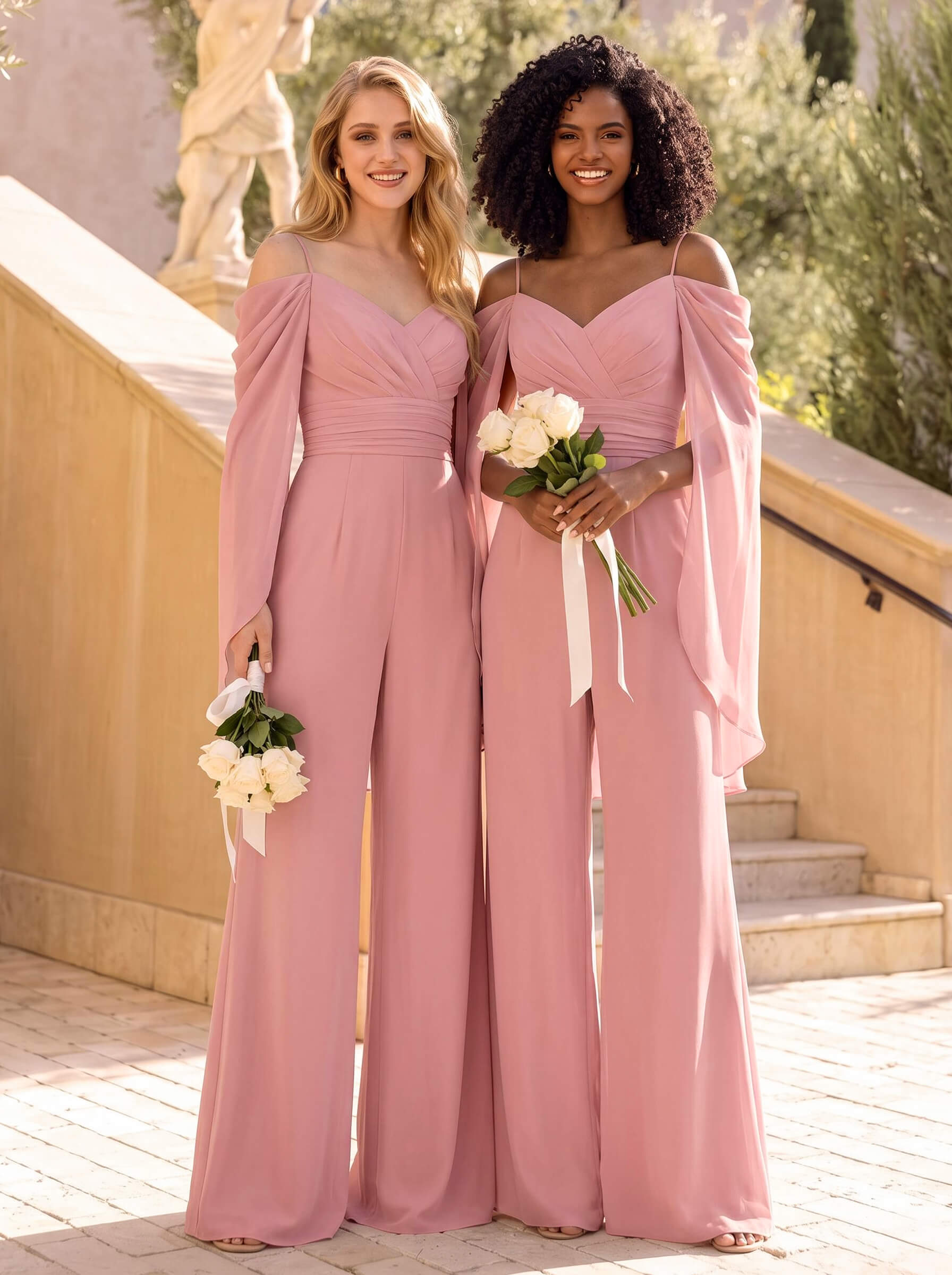 Jumpsuit / Trouser Suit V-Neck Long Sleeve Tops Floor-Length Chiffon Bridesmaid Dresses With Frill