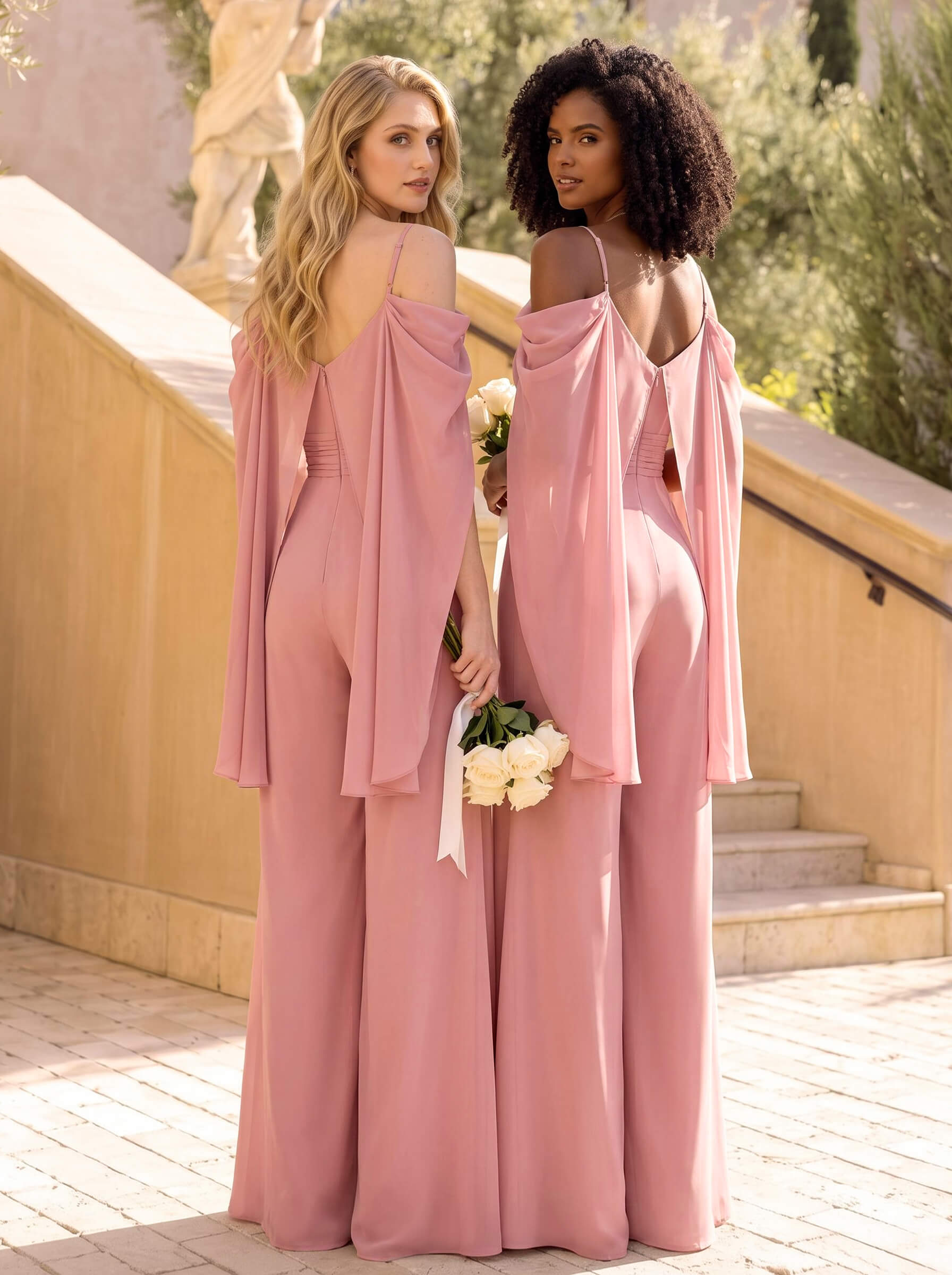 Jumpsuit / Trouser Suit V-Neck Long Sleeve Tops Floor-Length Chiffon Bridesmaid Dresses With Frill