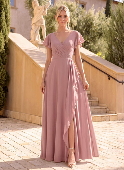 A-Line V-Neck Cape Sleeve Floor-Length Chiffon Bridesmaid Dresses With Ruffles